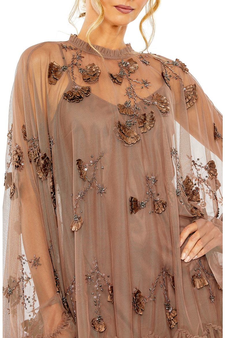 Embellished Long Sleeve Trapeze Dress with Ruffle Hem, Alternate, color, CHOCOLATE