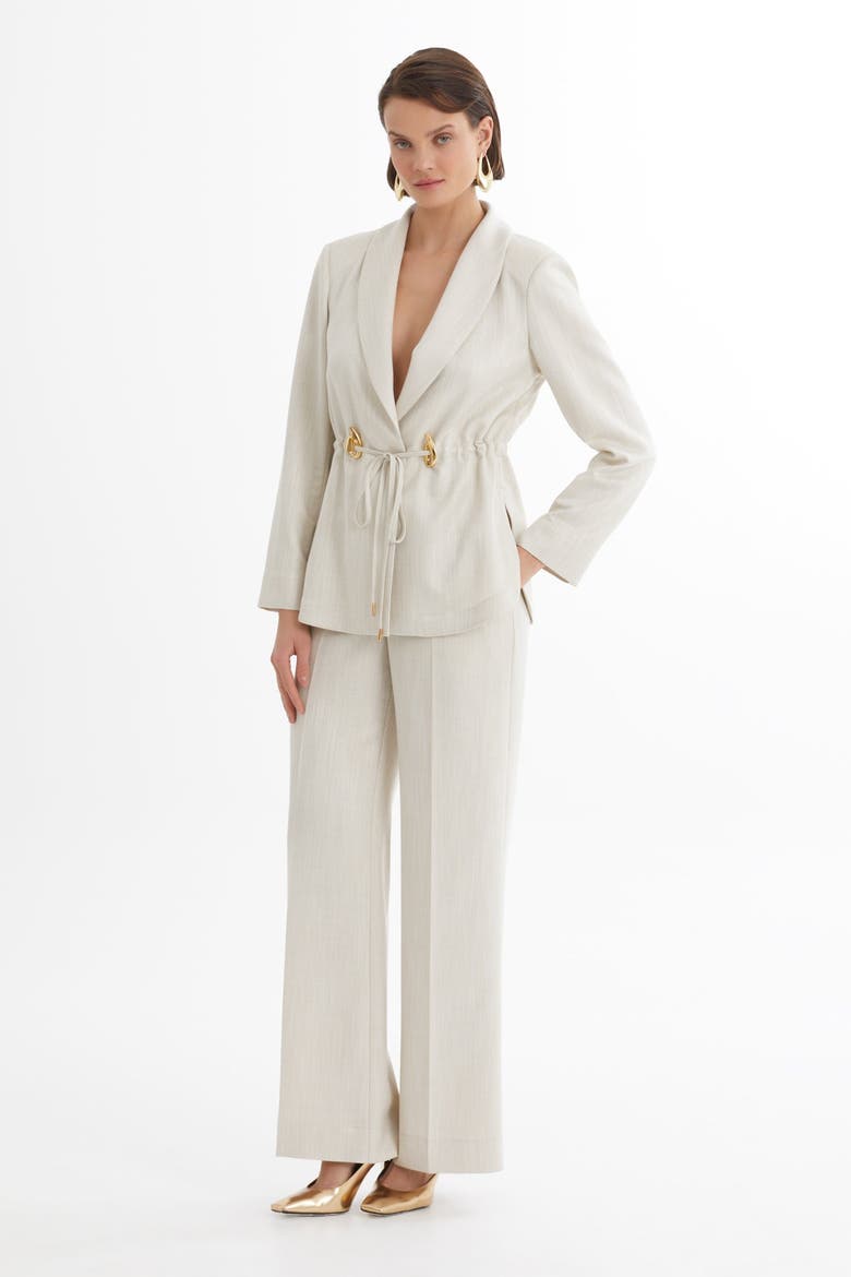 Ecru Shawl Collar Drawstring Waist Blazer and Pants Set, Alternate, color, Ivory