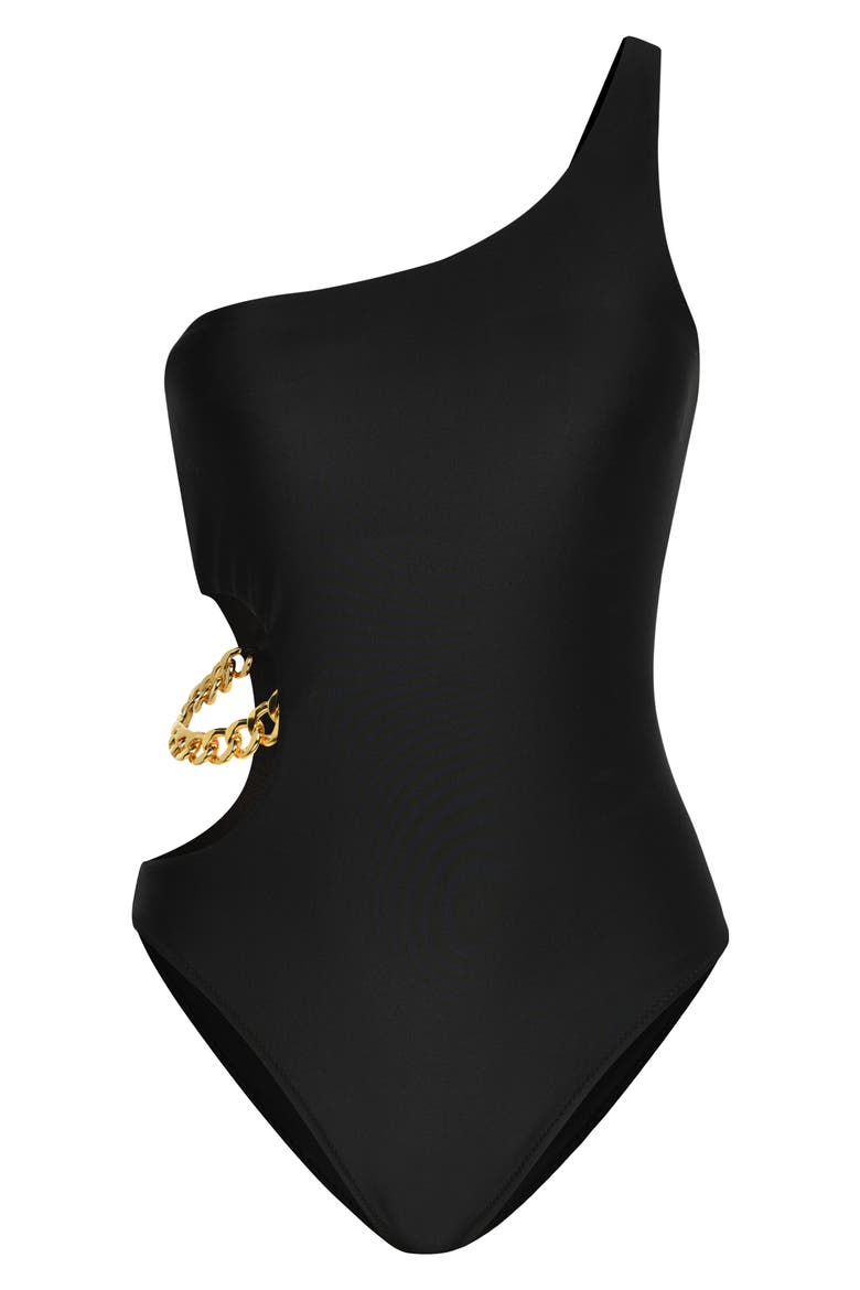 Ava Cutout Chain One-Shoulder One-Piece Underwire Swimsuit, Alternate, color, BLACK