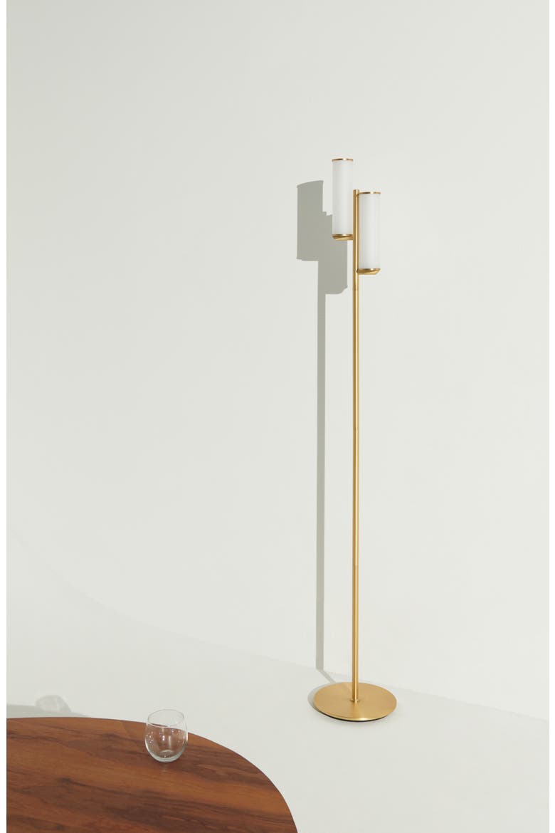 Gemini 64" Industrial LED Standing Floor Lamp with Glass Cylinder Shades, 3-Way Dimming, Alternate, color, BRASS