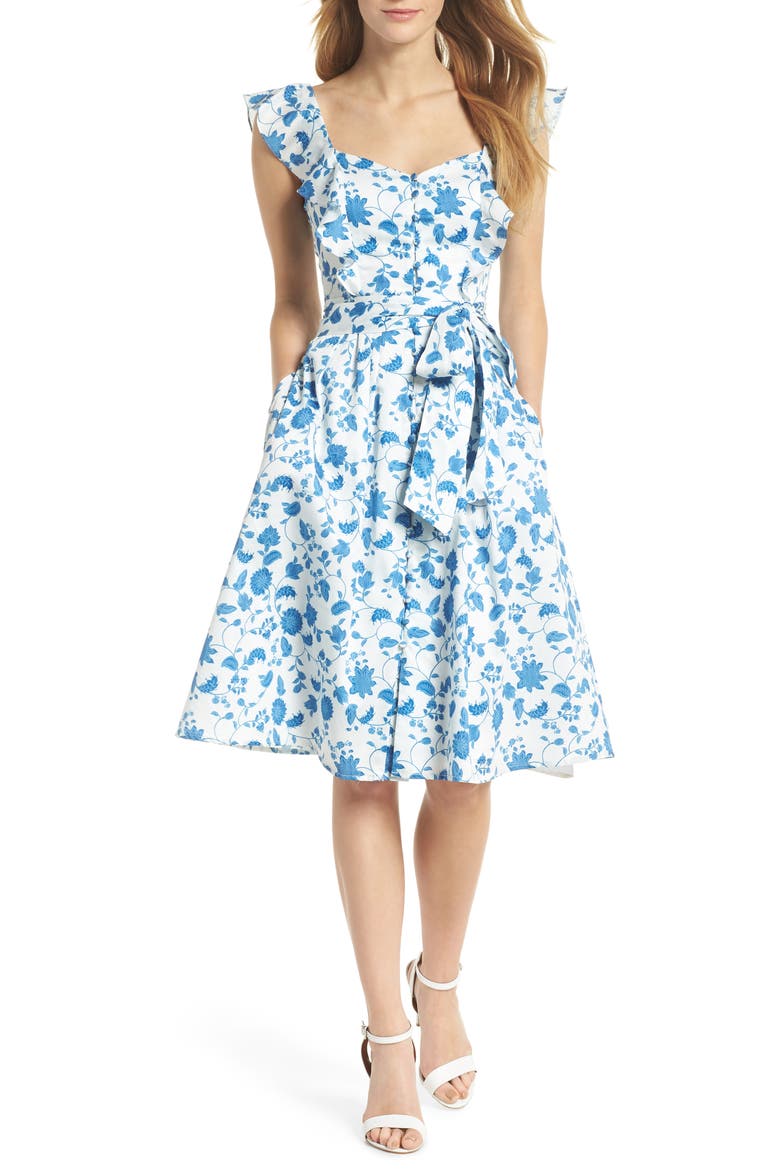 Olivia Floral Wallpaper Print Fit & Flare Dress, Main, color, CLOUD/ BLUE