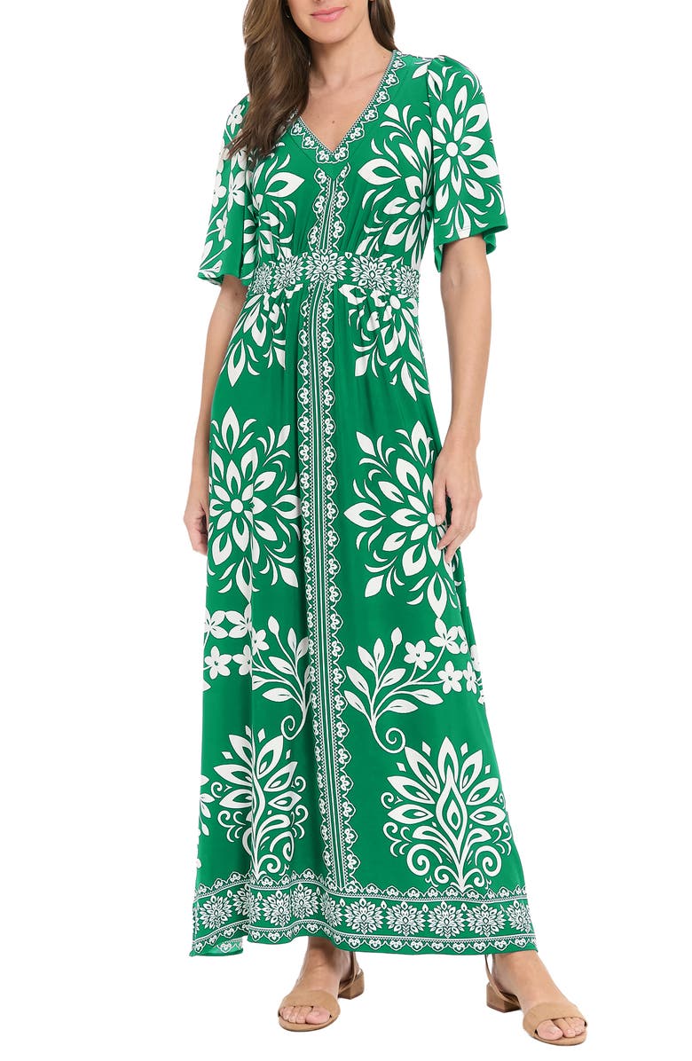London Times Flutter Sleeve Maxi Dress, Main, color, Green/ Whte