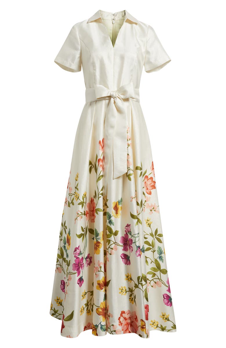 Tahari ASL Print Tie Waist Gown, Alternate, color, Creme Blush