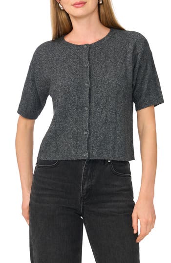 1.state Short Sleeve Cable Cardigan In Medium Heather Grey