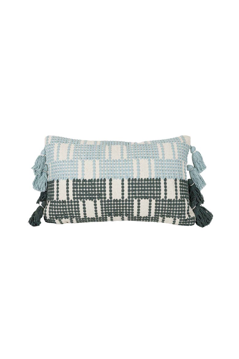 Hand Woven Tasseled Lumbar Pillow Turquoise Cotton With Polyester Fill, Main, color, Blue