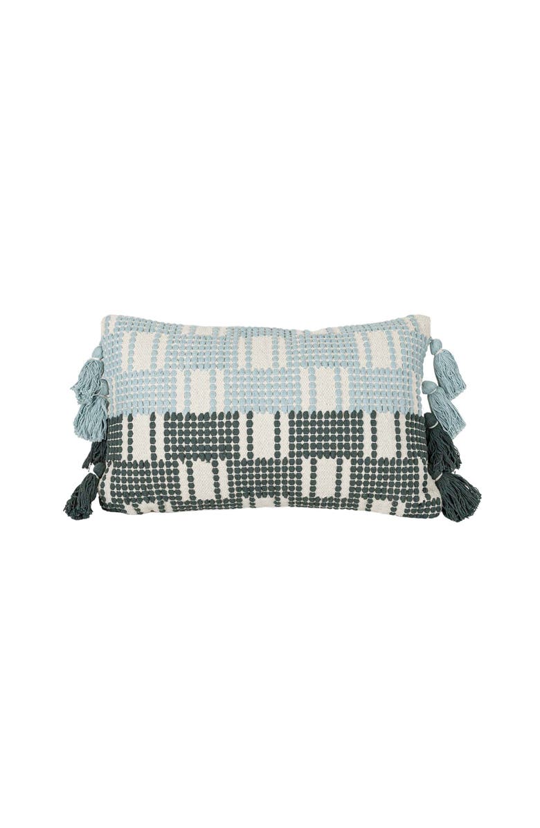 Foreside Home and Garden Hand Woven Tasseled Lumbar Pillow Turquoise Cotton With Polyester Fill, Main, color, Blue