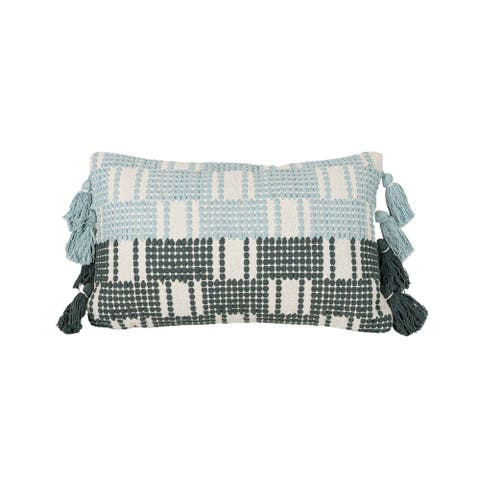 Hand Woven Tasseled Lumbar Pillow Turquoise Cotton With Polyester Fill