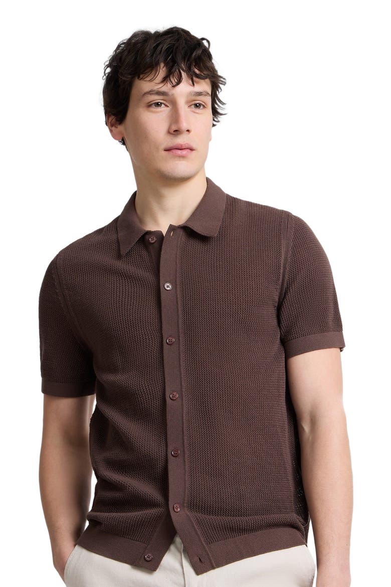 Crochet Knit Button Up Short Sleeve Shirt, Alternate, color, Espresso