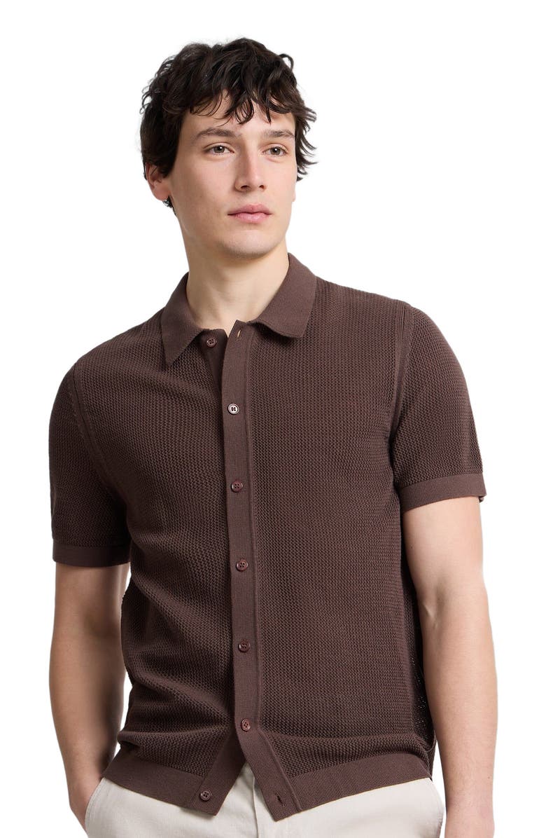 Onia Crochet Knit Button Up Short Sleeve Shirt, Alternate, color, Espresso