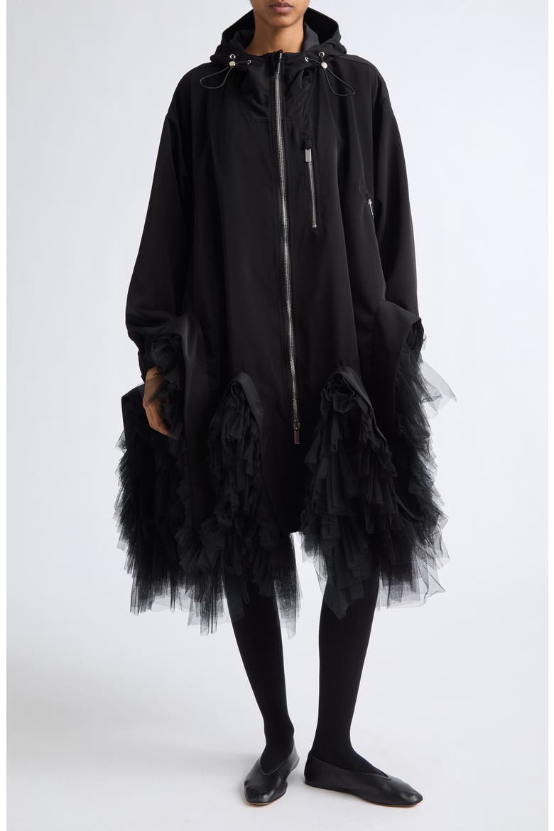 Hooded Technical Tulle Coat, Main, color, BLACK