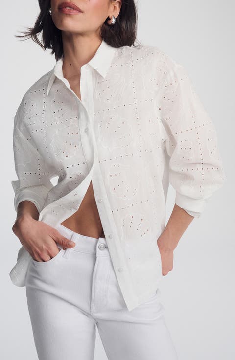 Scallop Eyelet Cotton Button-Up Shirt