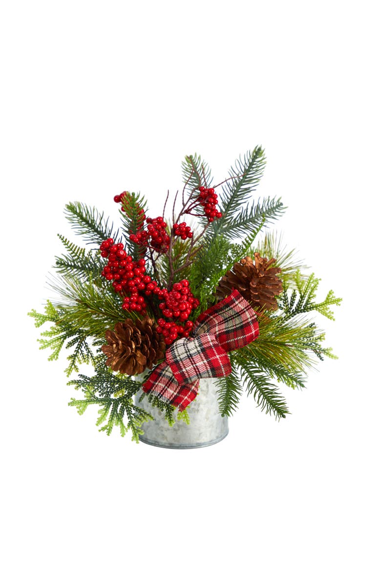 NEARLY NATURAL 12-in Holiday Winter Pinecones, Berries, Greenery and Plaid Bow Artificial Christmas Table Arrangement, Main, color, Green