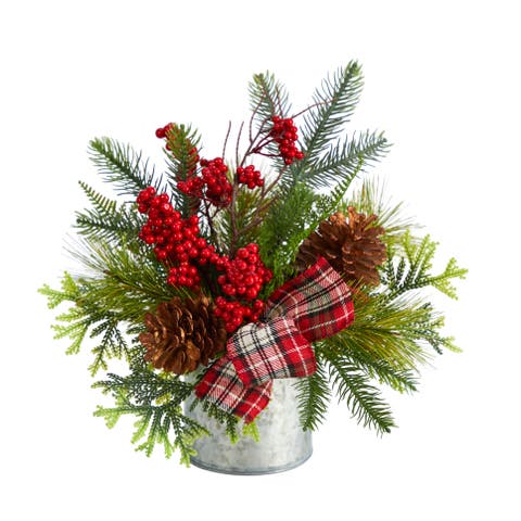 12-in Holiday Winter Pinecones, Berries, Greenery and Plaid Bow Artificial Christmas Table Arrangement
