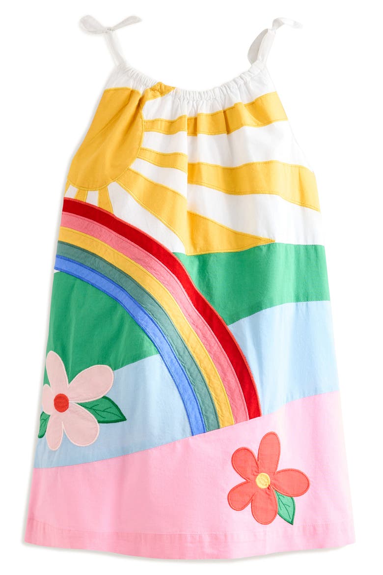 Kids' Rainbow Appliqué Tie Shoulder Cotton Dress, Main, color, BLUE MULTI RAINBOW SCENE