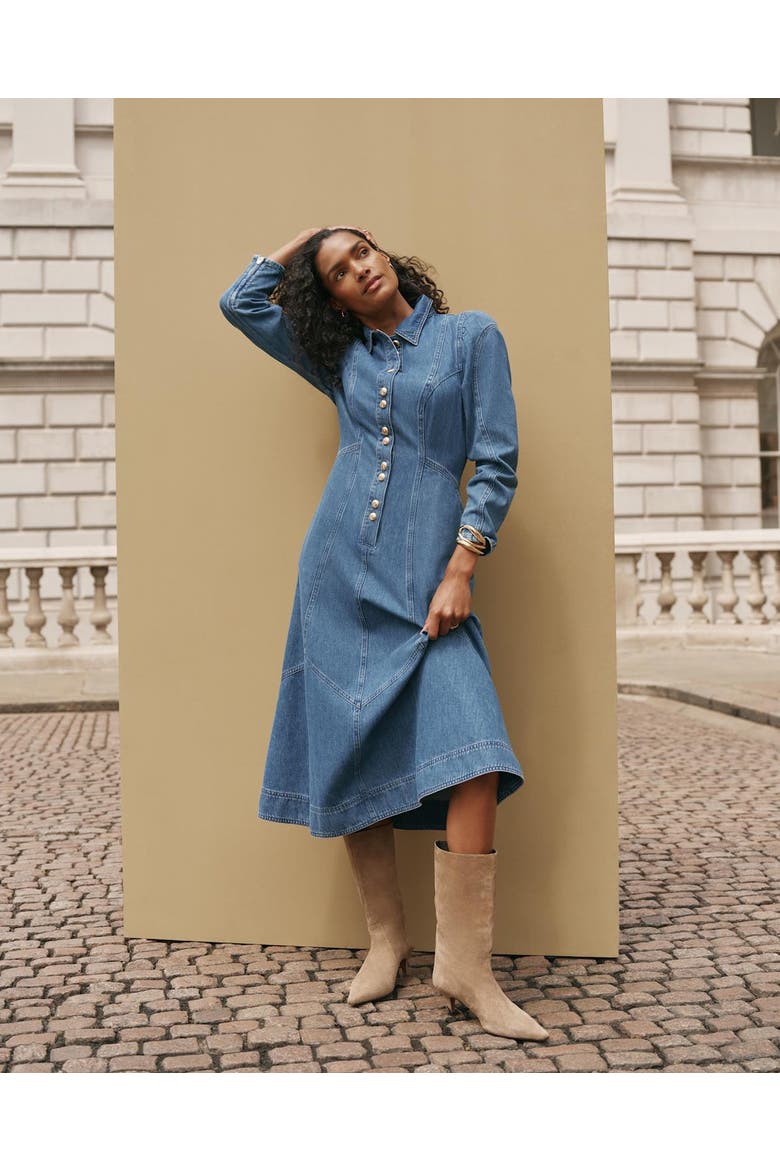 Denim Midi Classic Collar Shirt Dress, Alternate, color, Blue