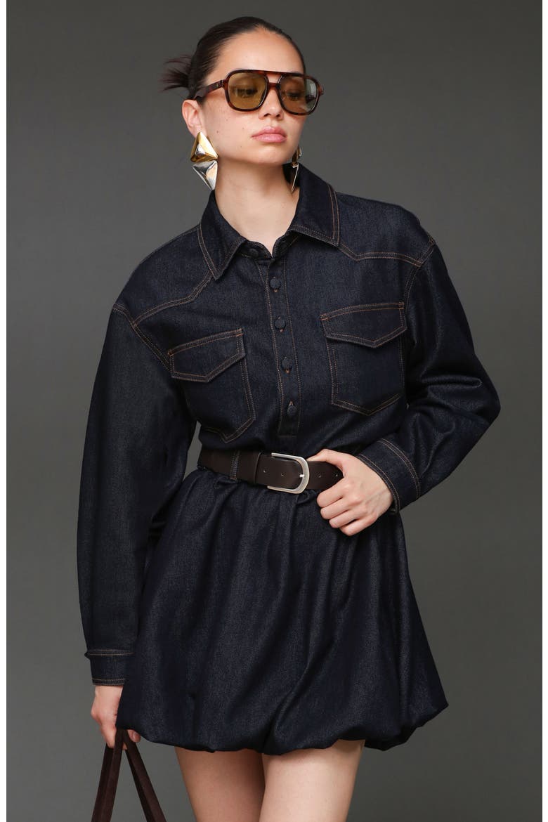 Long Sleeve Bubble Hem Denim Mini Shirtdress, Alternate, color, DARK RINSE