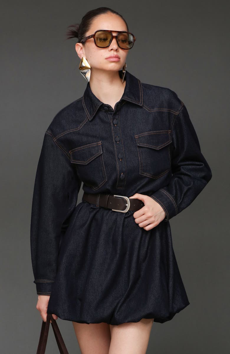 Avec Les Filles Long Sleeve Bubble Hem Denim Mini Shirtdress, Alternate, color, Dark Rinse