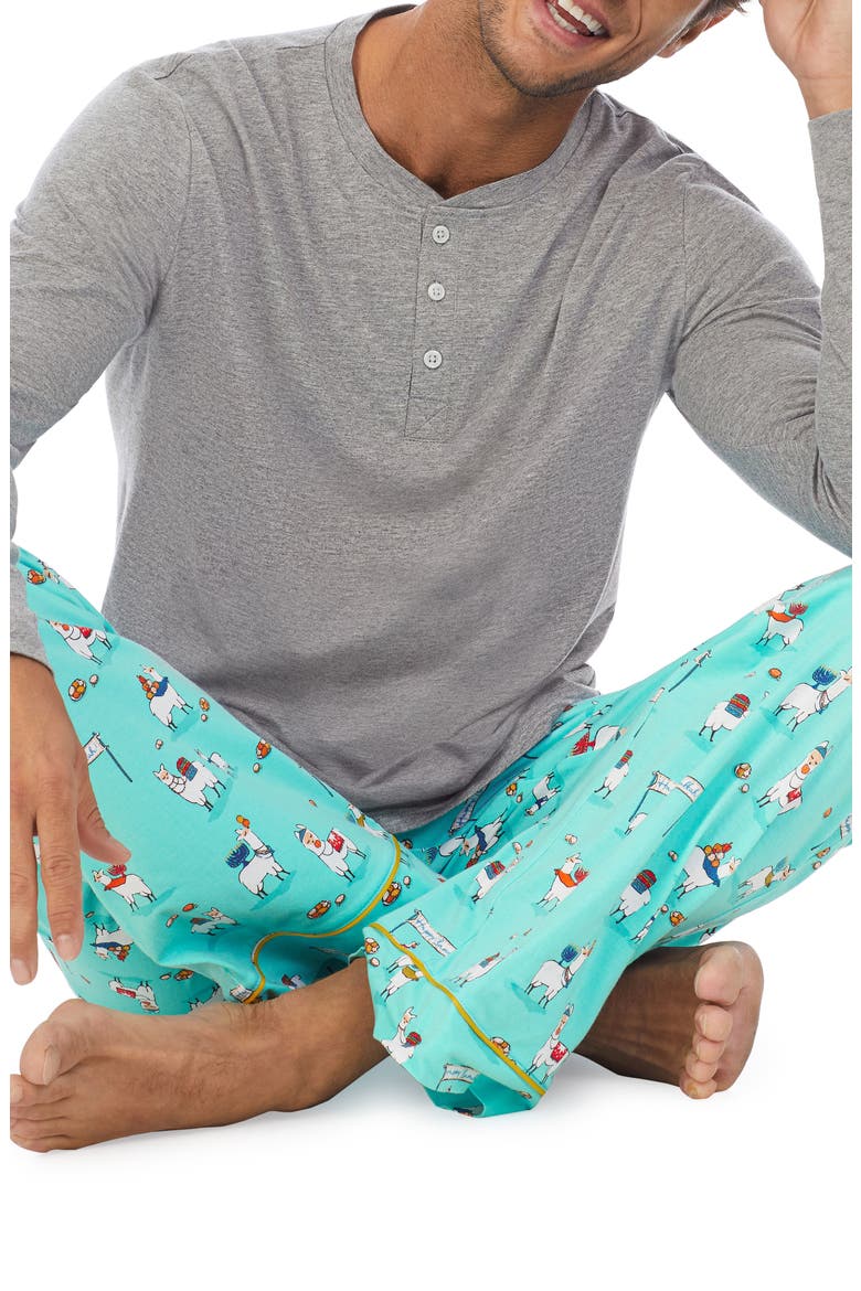 Holiday Print Organic Cotton Henley Pajamas, Alternate, color, HAPPY LLAMAKKAH