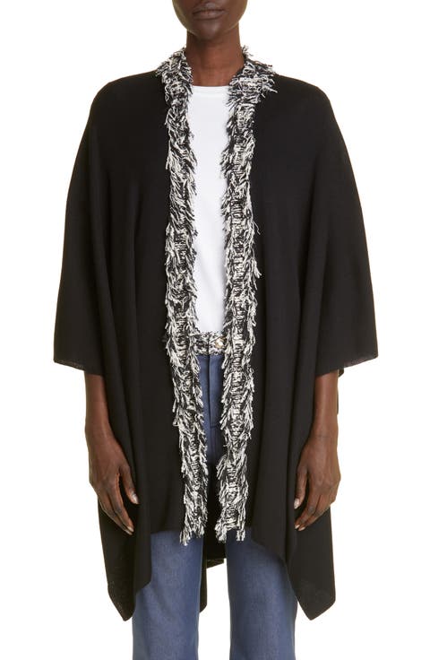 Fringe Detail Wool Blend Cape