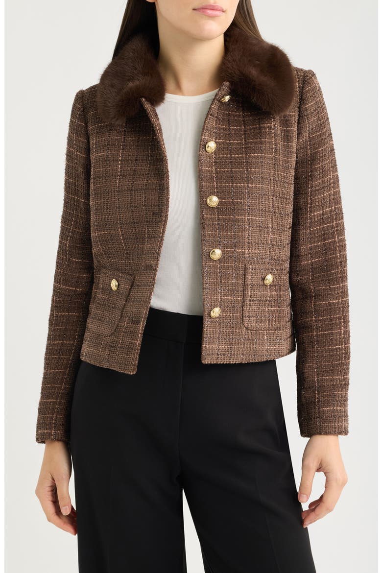 Faux Fur Collar Boucle Cropped Jacket, Alternate, color, ESPRESSO