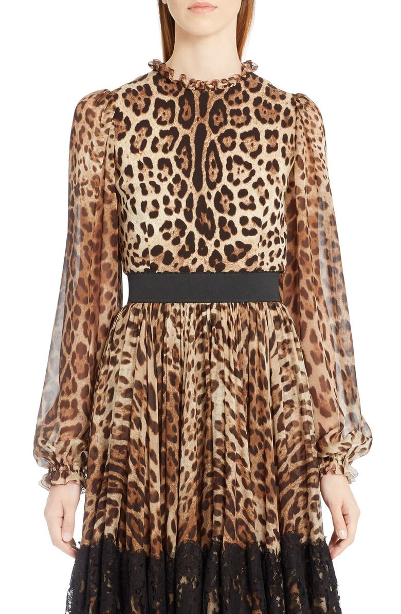 Dolce&Gabbana Leopard Print Stretch Cady Blouse, Alternate, color, 