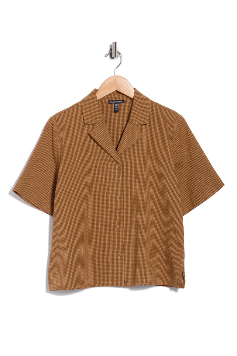 Mini Grid Print Camp Shirt, Main, color, BRONZE