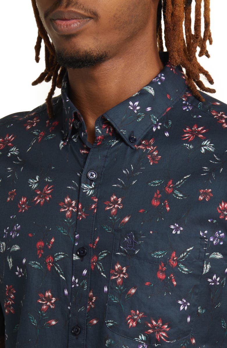 Original Penguin Floral Short Sleeve Stretch Button-Down Oxford Shirt, Alternate, color, 