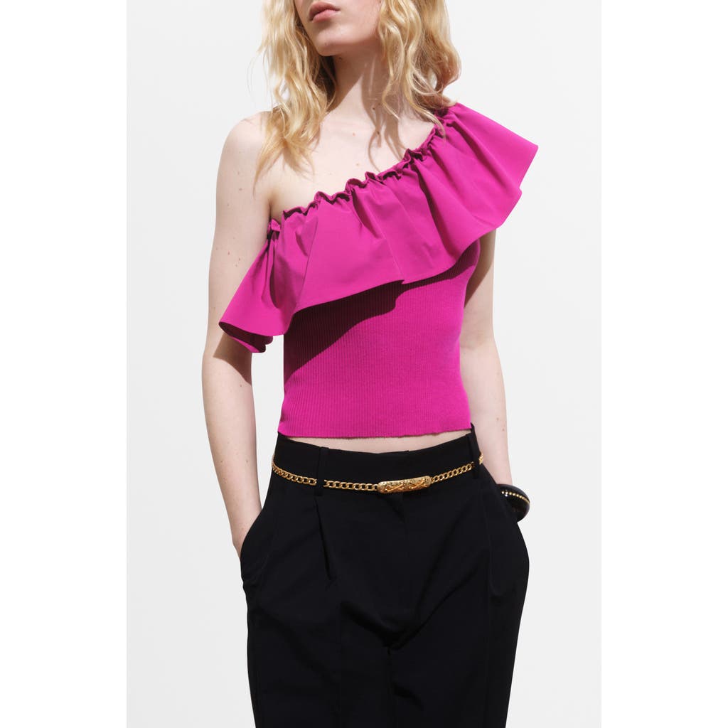 Mango One-shoulder Ruffle Crop Top In Pink