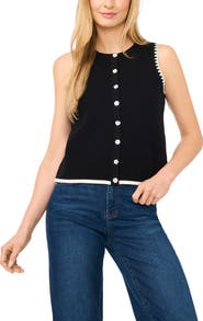 CeCe Pointelle Button-Up Sweater Tank