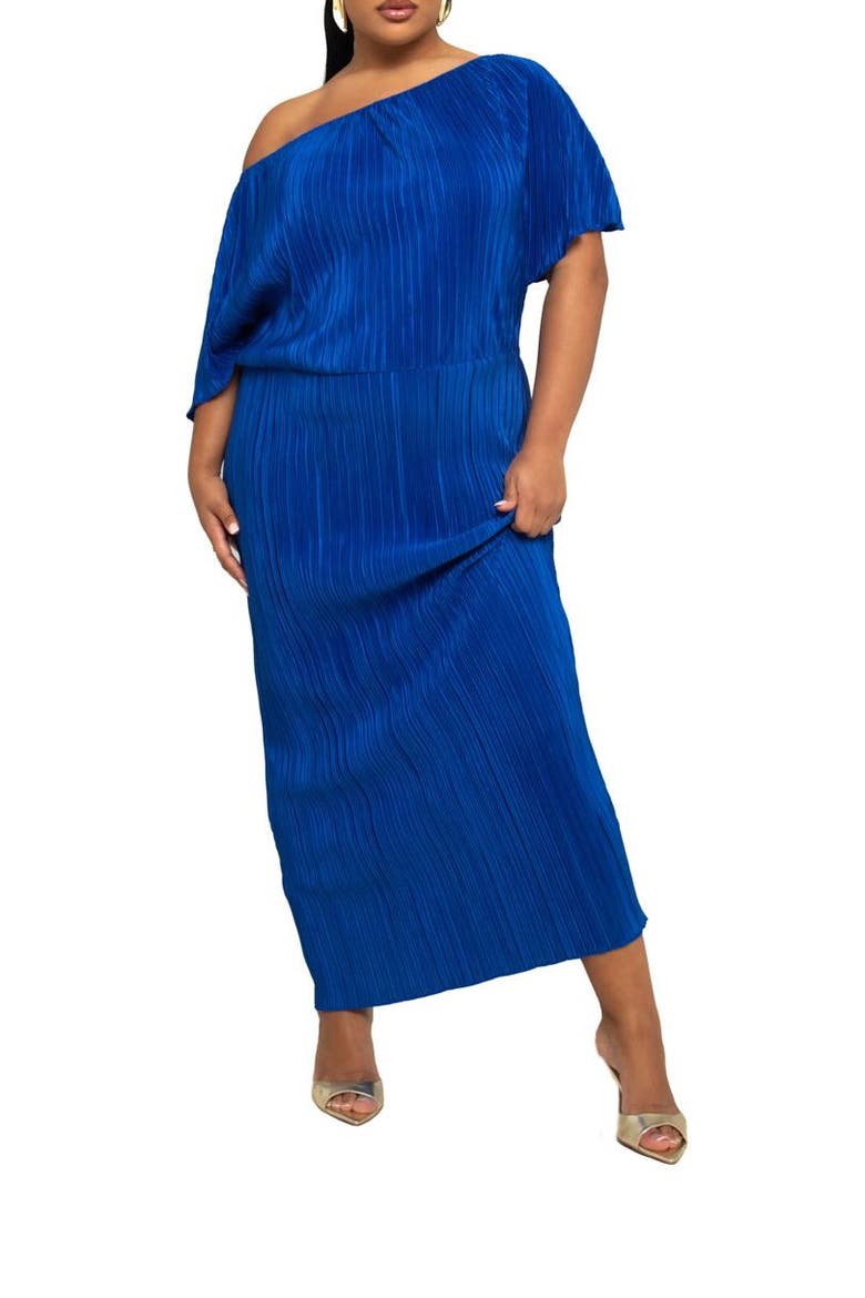 Off-The-Shoulder Plisse Midaxi Dress, Alternate, color, Cobalt Blue