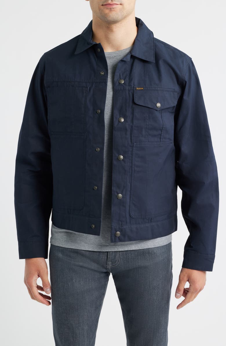 Filson Ranger Water Repellent Short Waxed Cotton Cruiser Jacket, Main, color, Navy