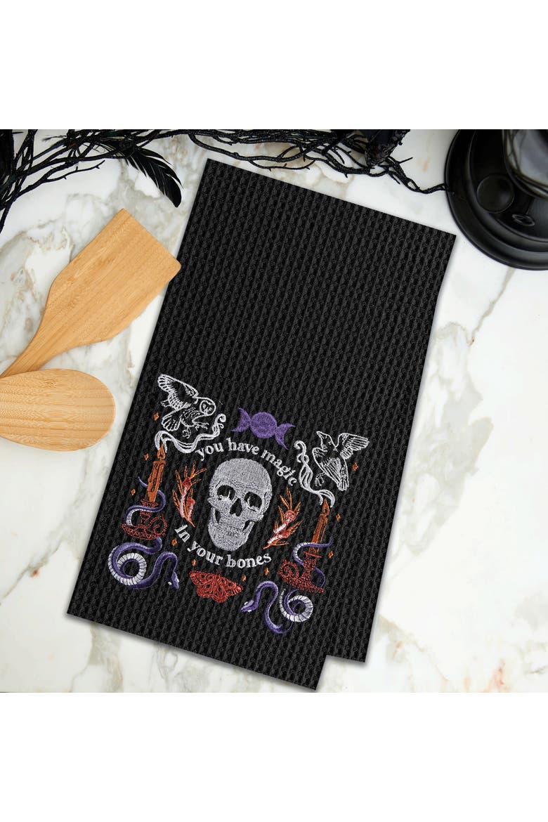Magic In Your Bones Skull Halloween Embroidered Cotton Waffle Weave Kitchen Towel, Alternate, color, Black