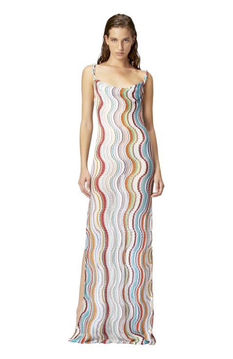 Long Cover-up Dress With Lamé Wave Motif