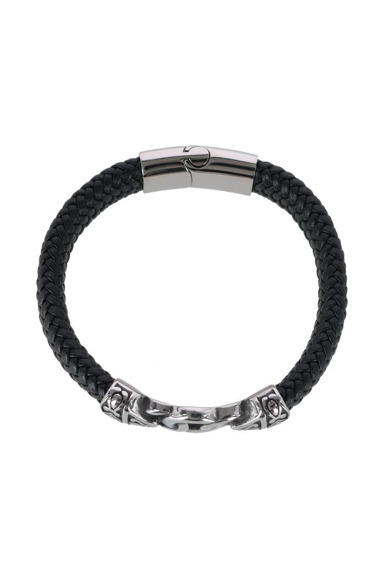 Silver Interlock Pattern on Black Leather Bracelet, Alternate, color, Black