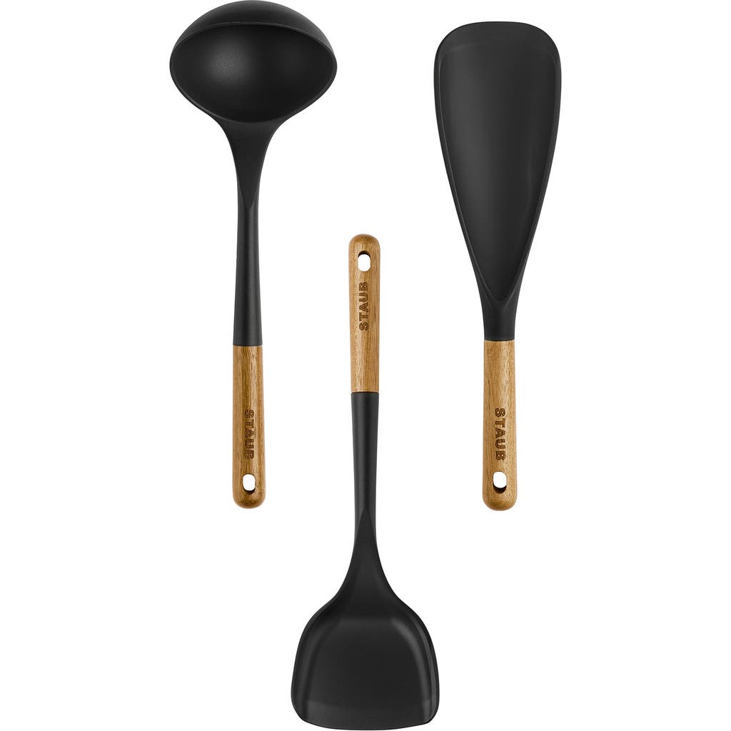 Staub Silicone With Wood Handle 3pc Cooking Utensil Set In Black
