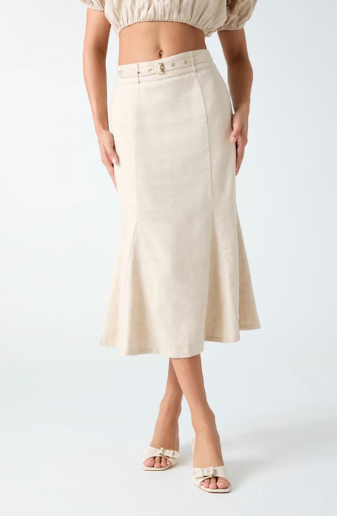 Ryan Belted Linen Blend Midi Skirt