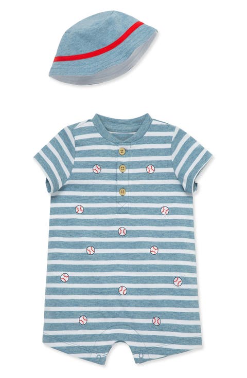 Baseball Stripe Romper & Bucket Hat Set