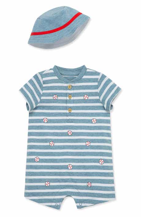 Little Me Baseball Stripe Romper & Bucket Hat Set