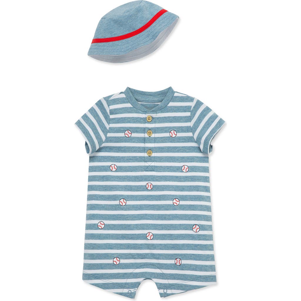 Little Me Baseball Stripe Romper & Bucket Hat Set in Blue  product