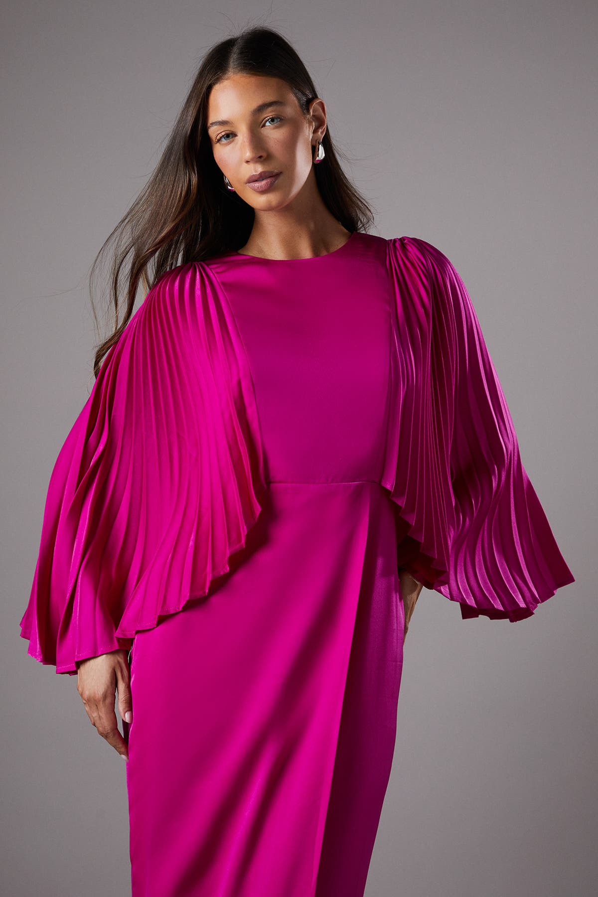 Short Sleeve Pleated Cape Maxi Dress - image 2