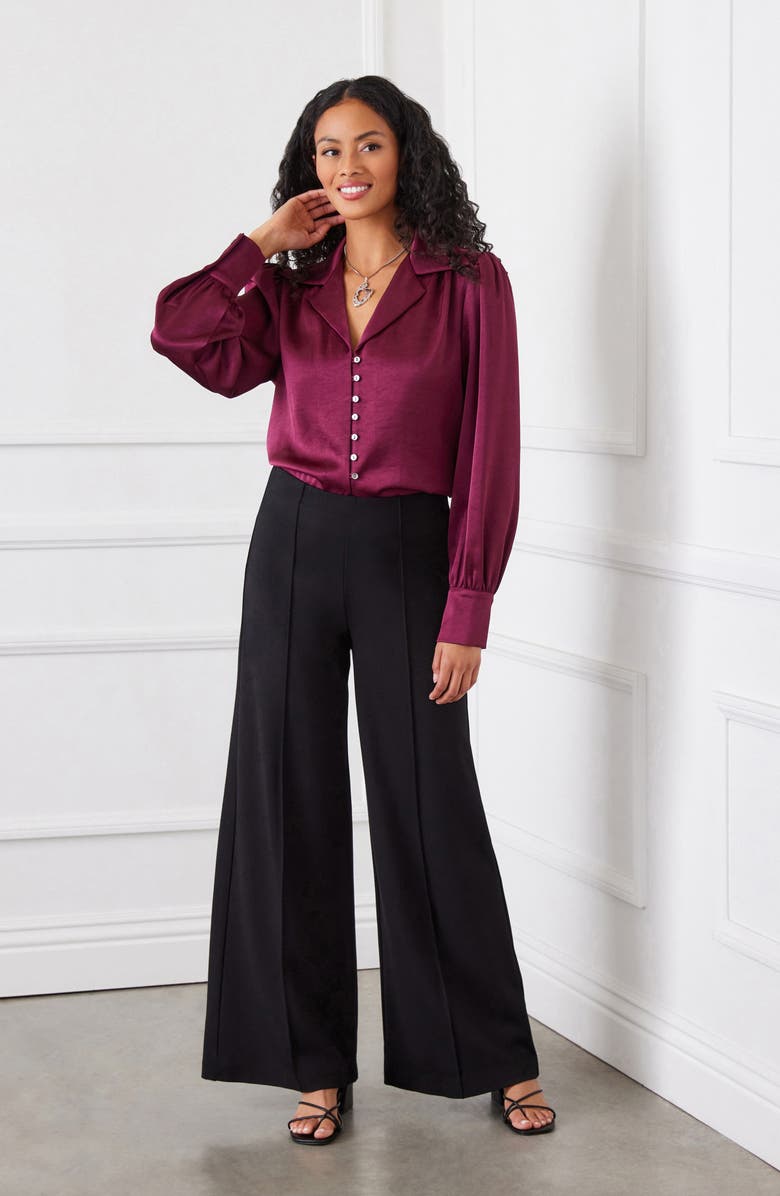 Karen Kane Satin Button-Up Shirt, Alternate, color, Wine