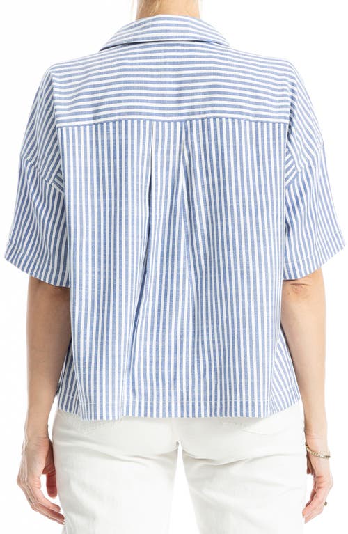 Max Studio Split Neck Collar Short Sleeve Top In Blue