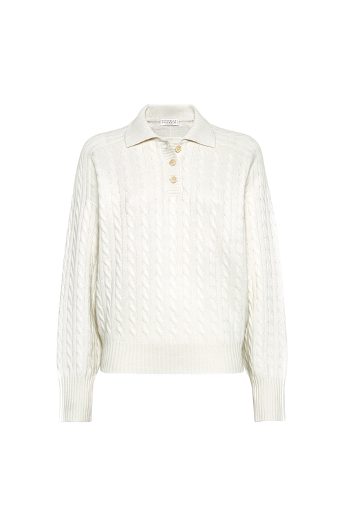 Brunello Cucinelli Polo-style Sweater With Monili In White
