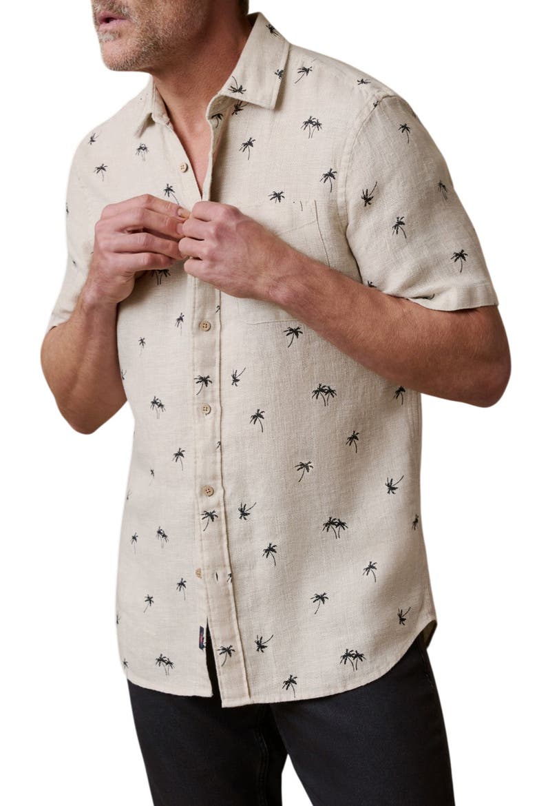 Palma Linen Short Sleeve Button-Up Shirt, Main, color, NIGHT PALM TREES