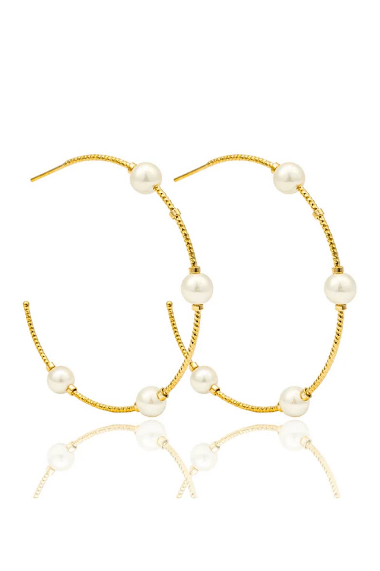 x SHARINA Faux Pearl Hoop Earrings, Main, color, GOLD