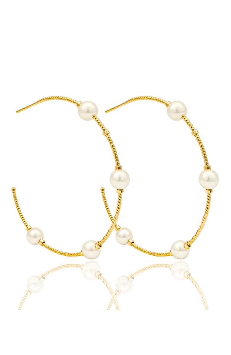 MacRae & Co. x SHARINA Faux Pearl Hoop Earrings, Main, color, Gold