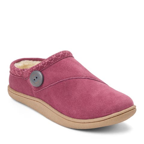 Suede Clog With Embroid & Wood Button Slippers