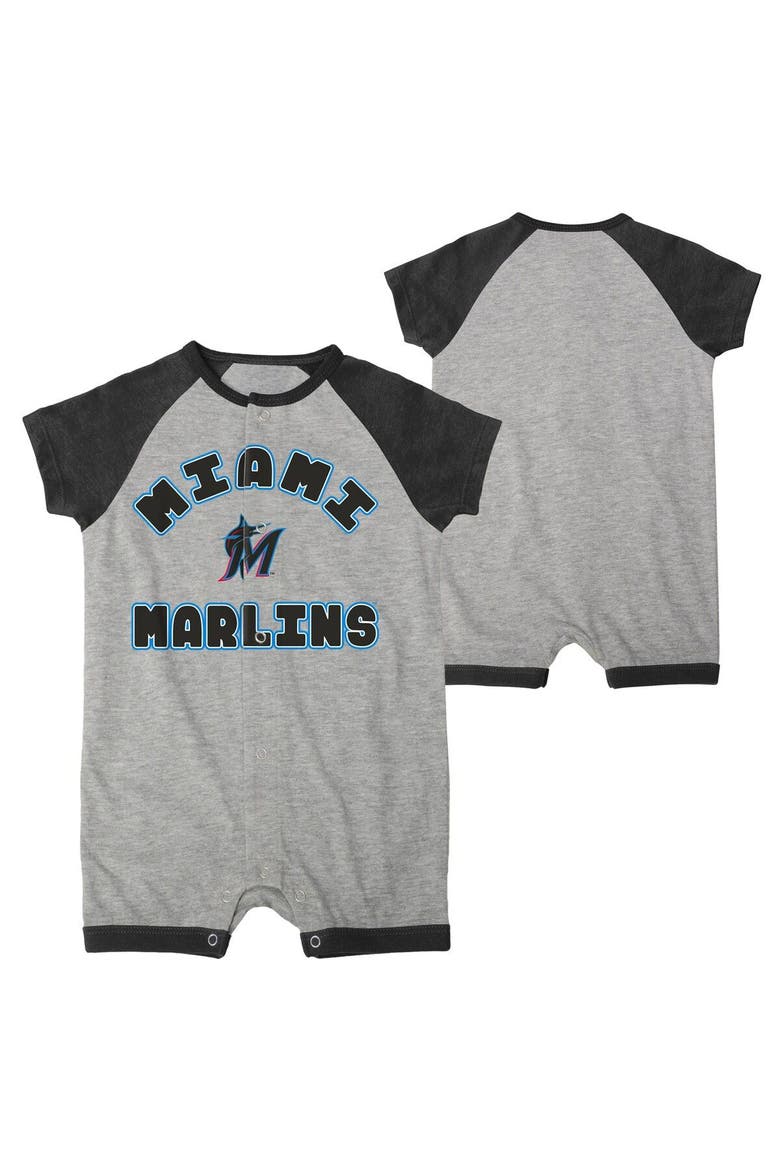 Newborn & Infant Heather Gray Miami Marlins Extra Base Hit Raglan Full-Snap Romper, Alternate, color, Heather Gray
