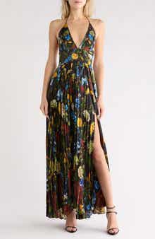 Alice + Olivia Hannah Floral Pleated Halter Maxi Dress