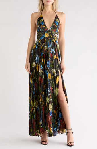 Alice + Olivia Hannah Floral Pleated Halter Maxi Dress